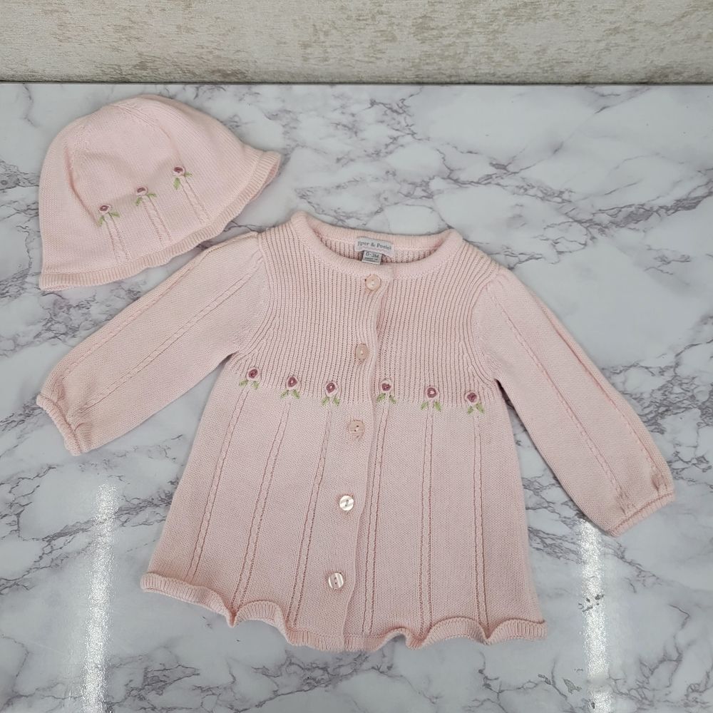 Piper & Posie Cardigan Sweater and Hat Cotton Knit Light Pink Girls Infant Baby